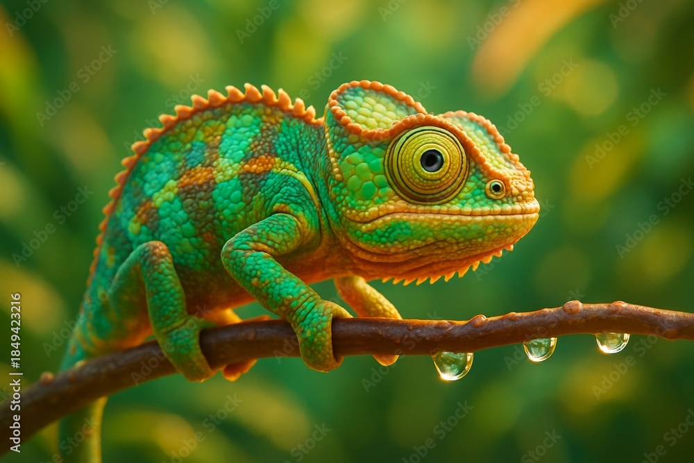 Obraz premium Discover the Vibrant Habitat of the Colorful Chameleon: Exploring the Details of this Green Reptile and Its Branches in Nature
