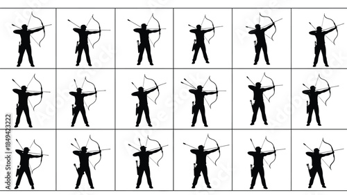 Archers in various poses with bow and arrow