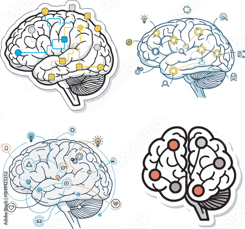 Human brain with cognition nodes in thin line modern vector style for education and psychology content