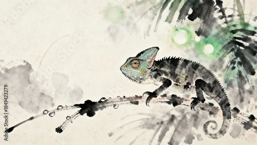 Vibrant Chameleon Watercolor: A Tropical Art Showcase of Nature's Wildlife, Featuring Lush Flora and Fauna