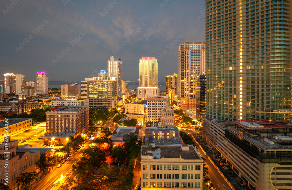 Fototapeta premium St. Petersburg, Florida, USA. View from above of skyline featuring high-rise condominiums, office buildings and urban parks at night.