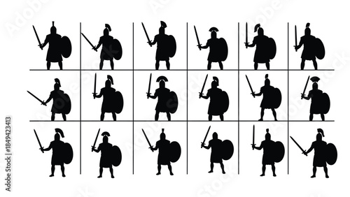Ancient warriors in different poses with sword and shield