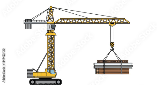 Detailed graphic representation of a powerful yellow construction crane moving bulk building components. This industrial machinery embodies