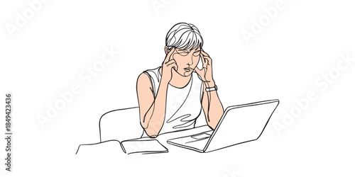Illustrator vector single continuous line drawing of a stressed woman with headache sitting at desk with laptop. Minimalist sketch concept for office burnout, mental health issues, and work pressure.