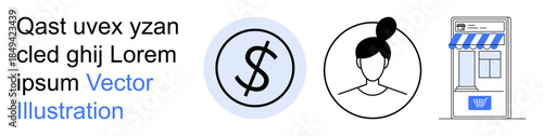 Business, e-commerce, financial services, user profiles, retail, transactions. A dollar sign, person icon and storefront. Business and e-commerce concepts illustrated with clear graphic elements