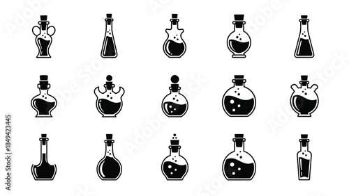 Collection of various black and white potion bottle icons