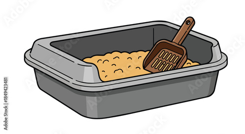 A digital illustration portraying a pristine animal waste container, filled with fresh granular substrate and equipped with a specialized perforated