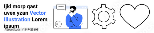 Man with hand on chin in thought, gear representing functionality, and heart denoting human emotion. Ideal for innovation, teamwork, problem-solving, collaboration, connection, technology simple