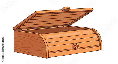 Classic wooden bread box illustration, lid open, ready for fresh baked goods or kitchen storage.
