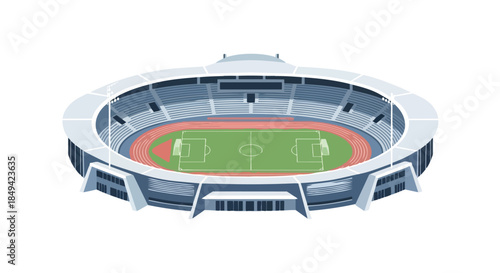 Isometric illustration of a grand modern athletic stadium featuring a vibrant green football pitch and a classic red running track, designed for
