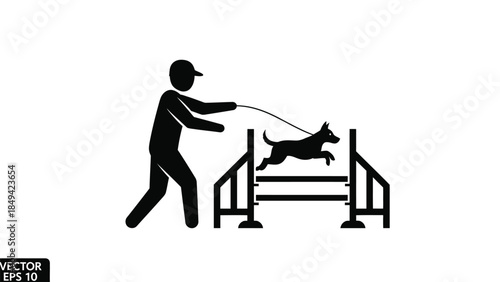 Man training dog to jump over hurdle
