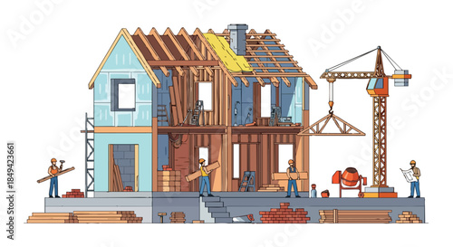 Residential house construction project illustration, featuring diligent workers, a crane, and building materials. The scene highlights systematic