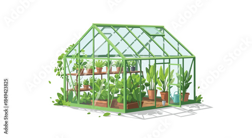 A beautifully illustrated greenhouse filled with a vibrant array of potted plants meticulously arranged on tiered shelves for optimal growth and