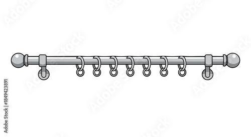 A precise illustration of a sleek metal curtain rod assembly with multiple rings, designed for elegant window treatment support and practical