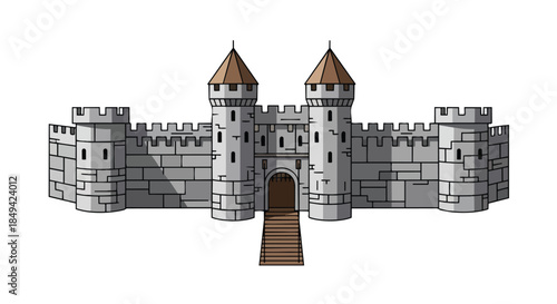 Detailed illustration of a magnificent medieval castle featuring robust stone walls prominent towers with conical roofs a grand arched entrance and