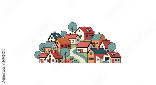 Charming illustrated village with colorful houses nestled on a picturesque hill, depicting serene community life and quaint architectural styles for