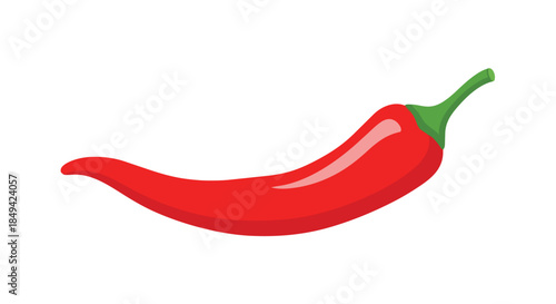 A vibrant crimson chili pepper, depicted in a flat graphic style, highlighting its elongated, curved form and bright green stem against a pristine
