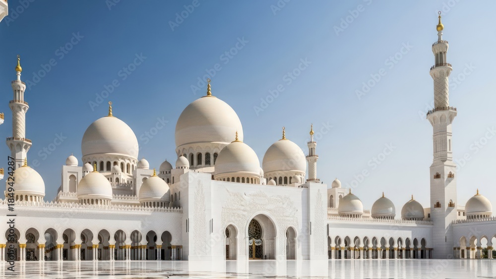 Fototapeta premium An ornate white structure, with domes and minarets against a clear blue sky
