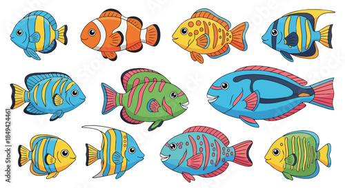 A vibrant collection of diverse aquatic cartoon fish swimming happily together in an underwater scene showcasing cheerful marine life illustrations