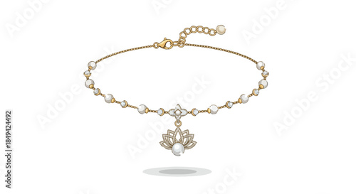 Elegant golden anklet featuring lustrous pearl beads and dazzling crystal accents with a central intricate lotus flower charm delicate jewelry piece