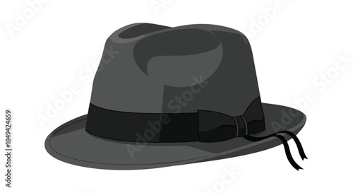 Elegant dark gray classic fedora hat with a refined black ribbon and stylish bow detail, a timeless accessory evoking a sense of mystery and vintage