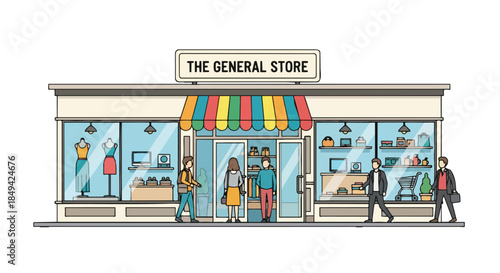 Vibrant general store illustration with various customers interacting with retail displays, showcasing everyday urban shopping experience and