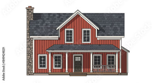 Classic two-story red house illustration featuring a stone chimney, inviting front porch, and traditional architectural elements on a pristine white