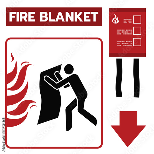 Vector emergency sign illustrating how to use a fire blanket to extinguish flames, with clear pictogram and instructions, suitable for safety signage, workplaces, and fire prevention materials
