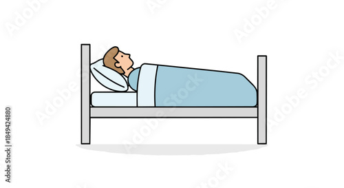 A peaceful cartoon illustration depicting a person comfortably resting in a bed with a light blue blanket and pillow perfect for conveying