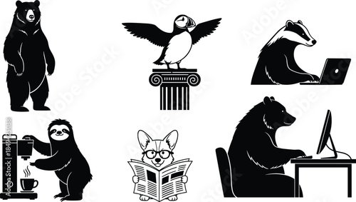 Funny Animal Character Silhouette Vector Set, Bear Working on Computer, Sloth Making Coffee, Puffin on Column, Badger with Laptop, and Corgi Reading Newspaper, Humorous Graphic.