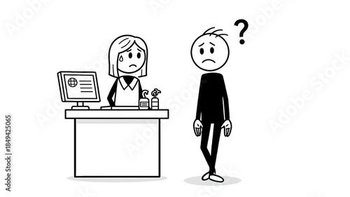 Confused Stickman Character Questions Retail Worker at Checkout Counter With Computer Display and Products in Simple Black and White Cartoon Style Isolated on