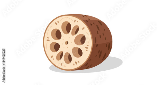 Stylized illustration of a fresh lotus root cross-section showcasing its unique internal structure with circular holes, an essential ingredient in