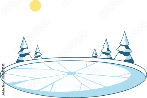 A flat vector illustration of a circular frozen pond with radial cracks in the blue ice, surrounded by snowy evergreen trees under a yellow sun.