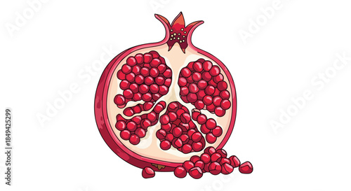 Detailed digital illustration of a halved pomegranate, showcasing its glossy, ruby-red arils spilling out. A compelling graphic emphasizing natural