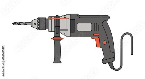 Vibrant vector art of a modern electric drill, essential for construction and DIY tasks, featuring a precise bit, ergonomic handle, and robust build