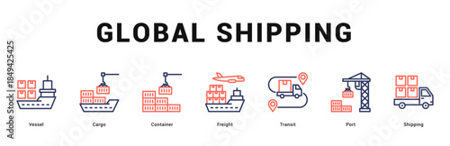 Global Shipping Modern and clean web banner illustration featuring thematic icons for visual communication