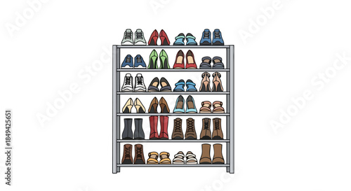 A comprehensive illustration of a multi-tiered shoe rack displaying an extensive collection of diverse footwear styles, meticulously arranged for