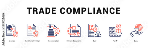 Trade Compliance Modern and clean web banner illustration featuring thematic icons for visual communication
