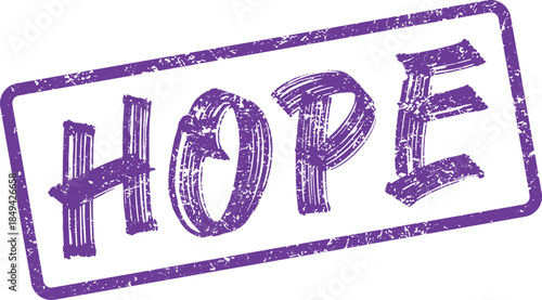 Textured purple HOPE word rubber stamp impression on a clear white canvas