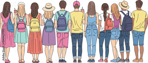 Group of people standing together, casual summer clothing, diverse individuals, backpacks, social gathering, youth lifestyle, travel theme, outdoor scene