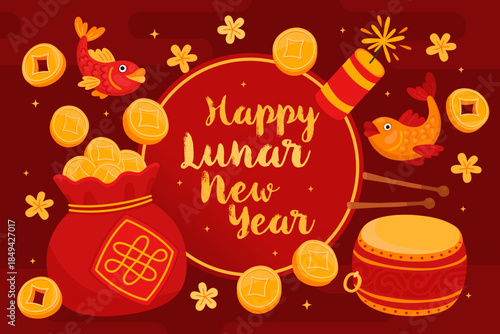 Holiday card design for Lunar New Year, Chinese New Year. Lucky money bag, gold coins, drum, carp fish on red background. Symbol of wealth, prosperity.