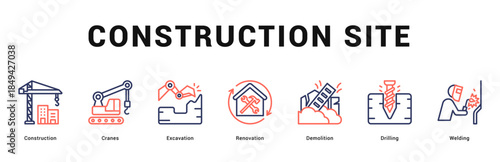 Construction Site Modern and clean web banner illustration featuring thematic icons for visual communication