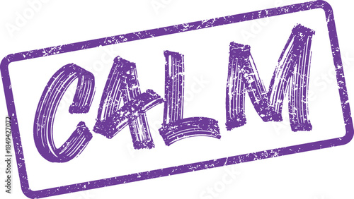Textured purple stamp with the word CALM expresses tranquility and peace of mind