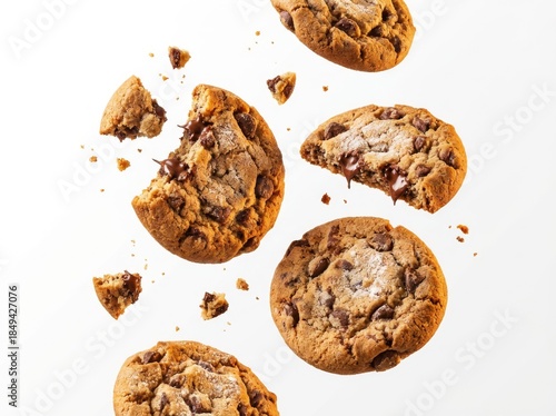 Delicious golden brown chocolate chip cookies with gooey centers and scattered crumbs caught mid-air, showcasing their tempting texture and sweetness on a pristine white background