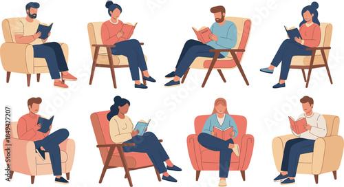 People reading books in armchairs, leisure activity, literature lovers, relaxed posture, diverse characters, cozy lifestyle, study time, educational theme