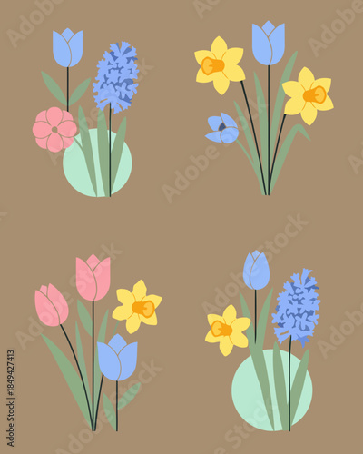 A charming collection of spring floral illustrations featuring tulips, daffodils, and hyacinths in soft, pastel colors, perfect for decorative and artistic projects