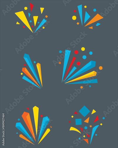 Abstract geometric explosion bursts of colorful confetti and streamers, dynamic graphic design elements for celebrations and festive events, bright and energetic visual assets