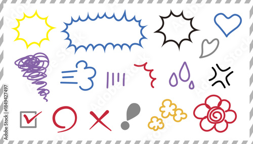 手描き風の吹き出しと装飾アイコンセット カラフルな感情記号素材｜吹き出し,装飾,記号,アイコン,手描き
