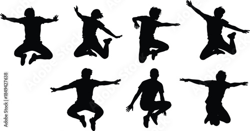 Silhouettes of people jumping, dynamic poses, human motion, expressive movement, dance illustration, athletic energy, action design, excitement theme