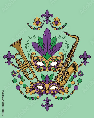 Capturing the vibrant essence of a festive celebration with beautifully adorned masquerade masks, elegant brass instruments, and colorful decorative beads, evoking joy